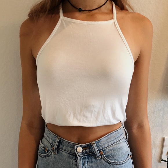 Essentials Tops - White smock neck halter tank top